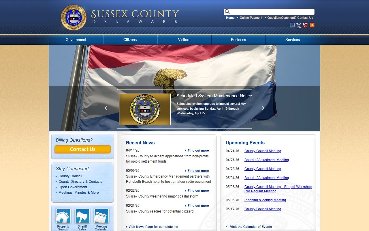 Sussex County Official Website screenshot showing county departments and services