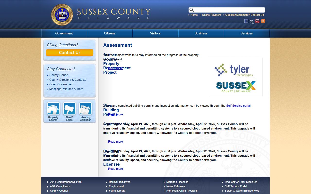 Sussex County Property Assessment Department page showing assessment resources and reassessment project information
