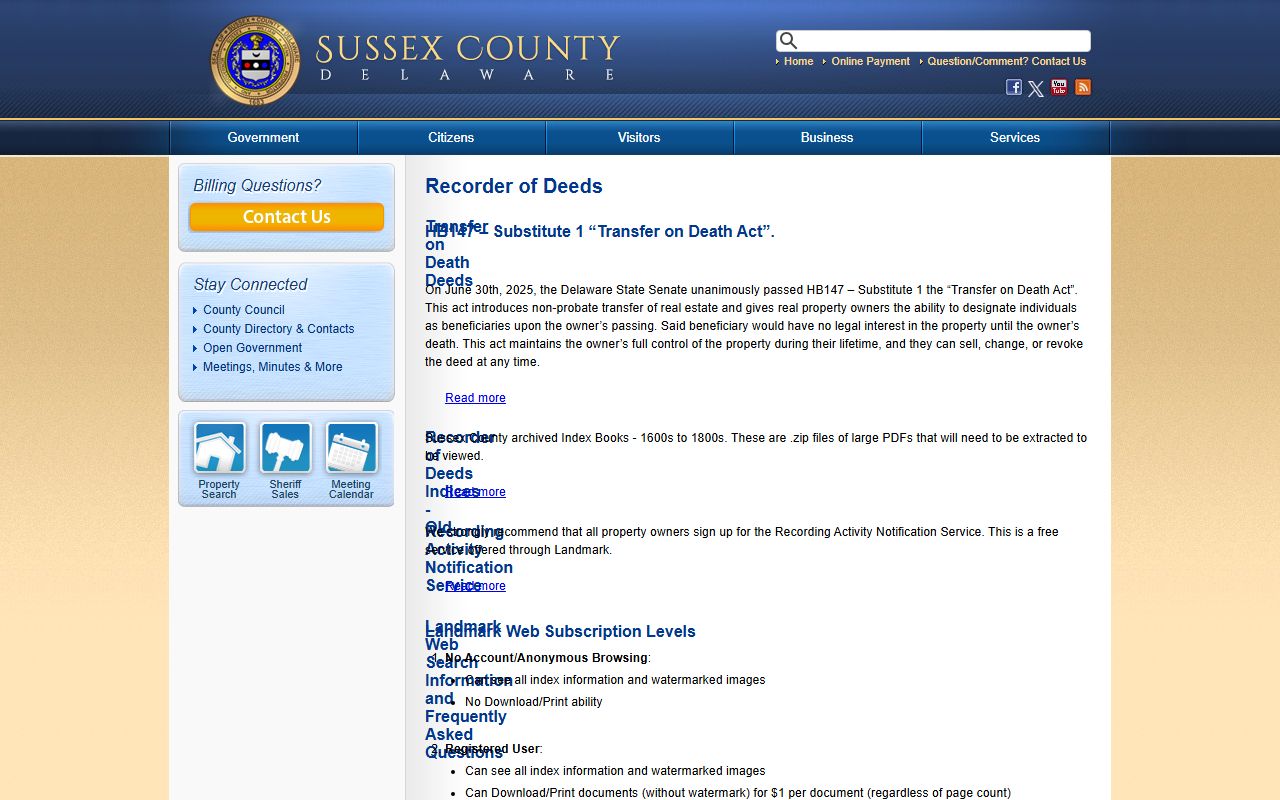 Sussex County Recorder of Deeds department page with Transfer on Death Deed information