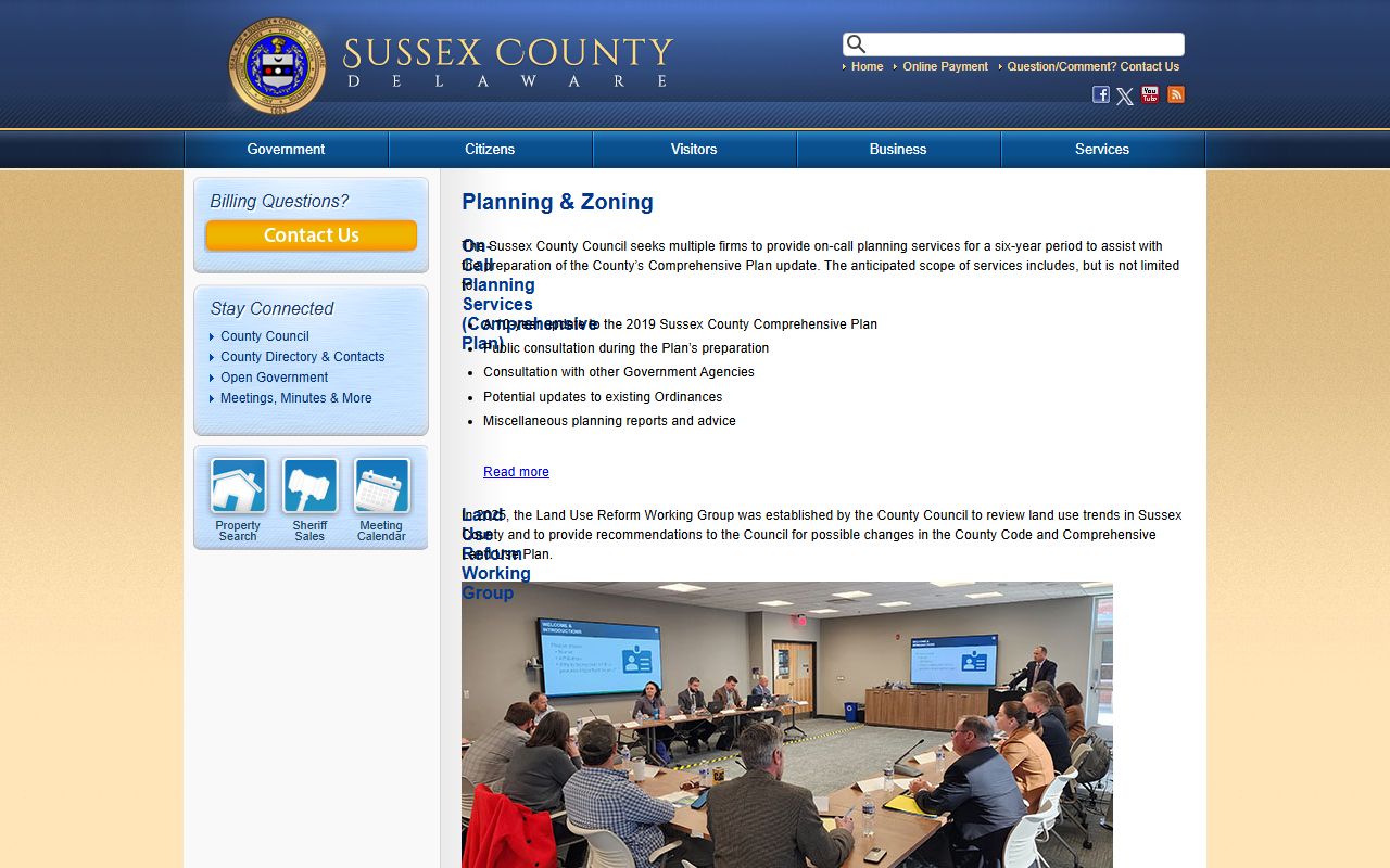 Sussex County Planning and Zoning Department page showing permit and subdivision information