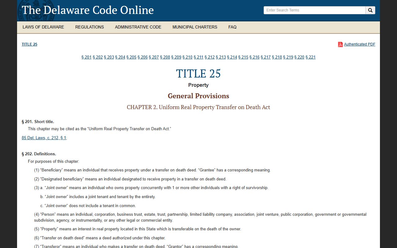 Delaware Code Title 25 Chapter 2 Transfer on Death Deed