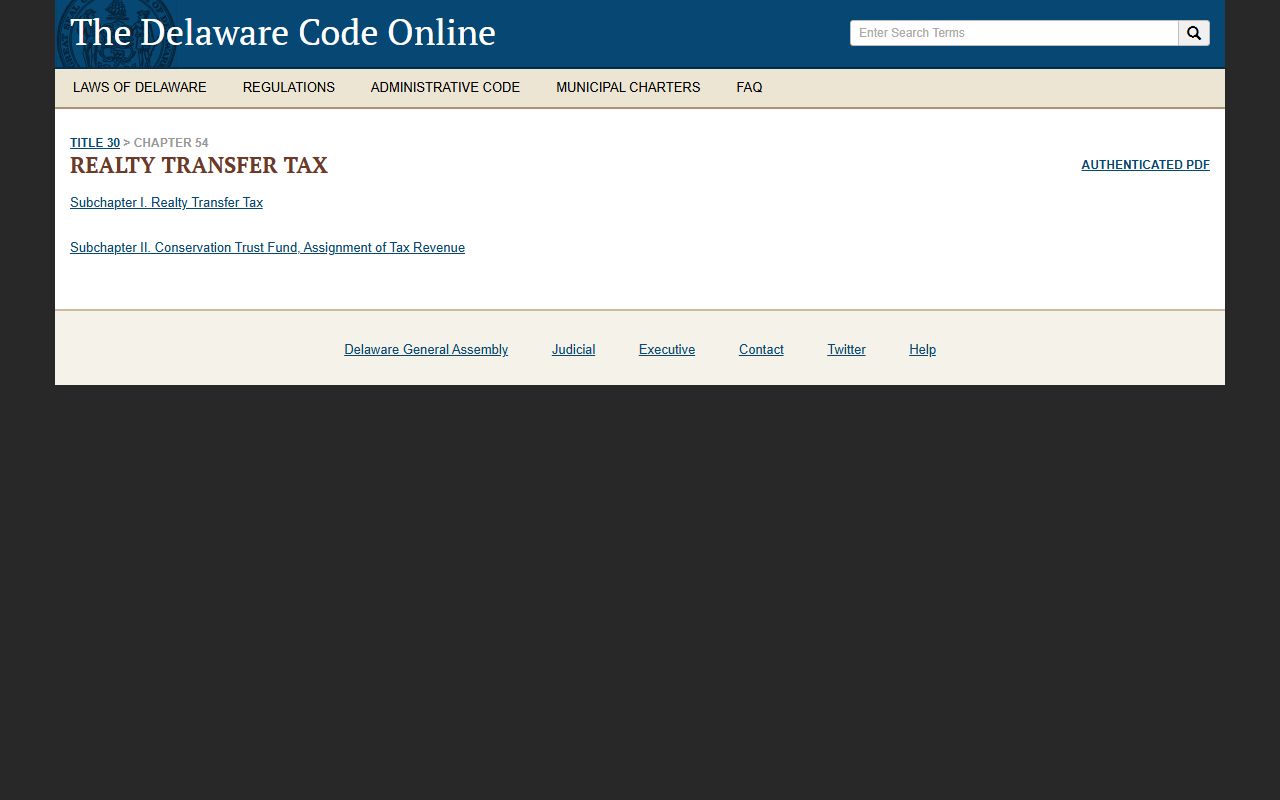 Delaware Code Title 30 Chapter 54 Realty Transfer Tax
