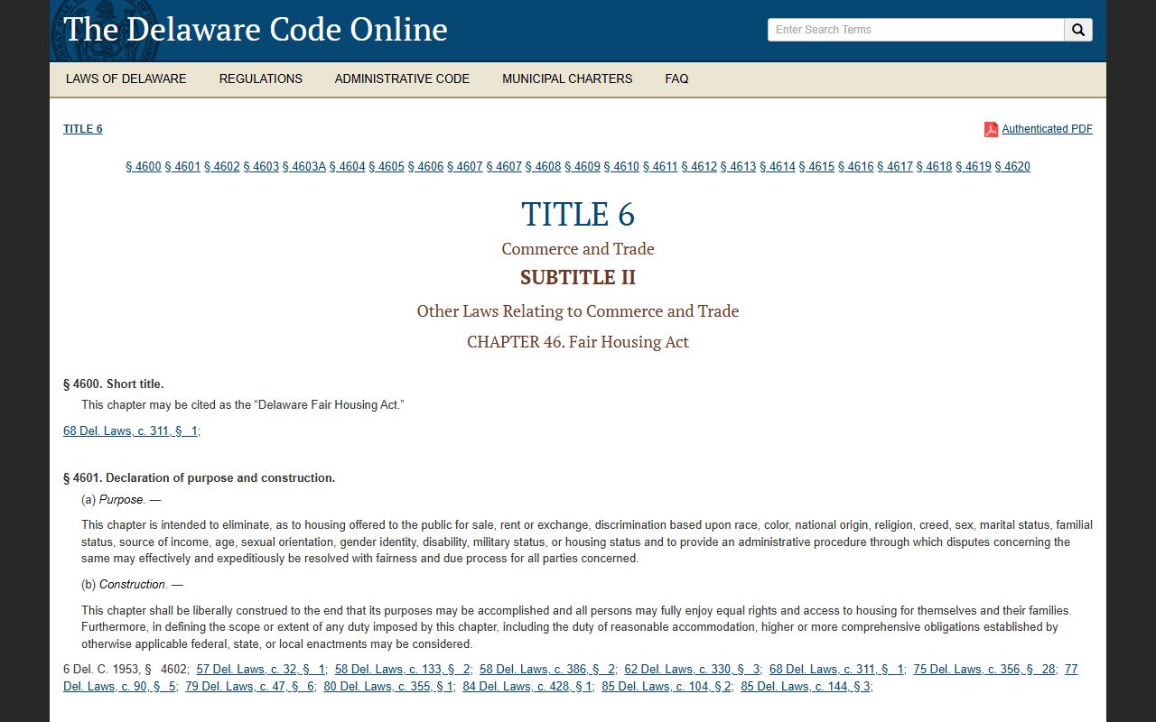 Delaware Fair Housing Act Title 6 Chapter 46