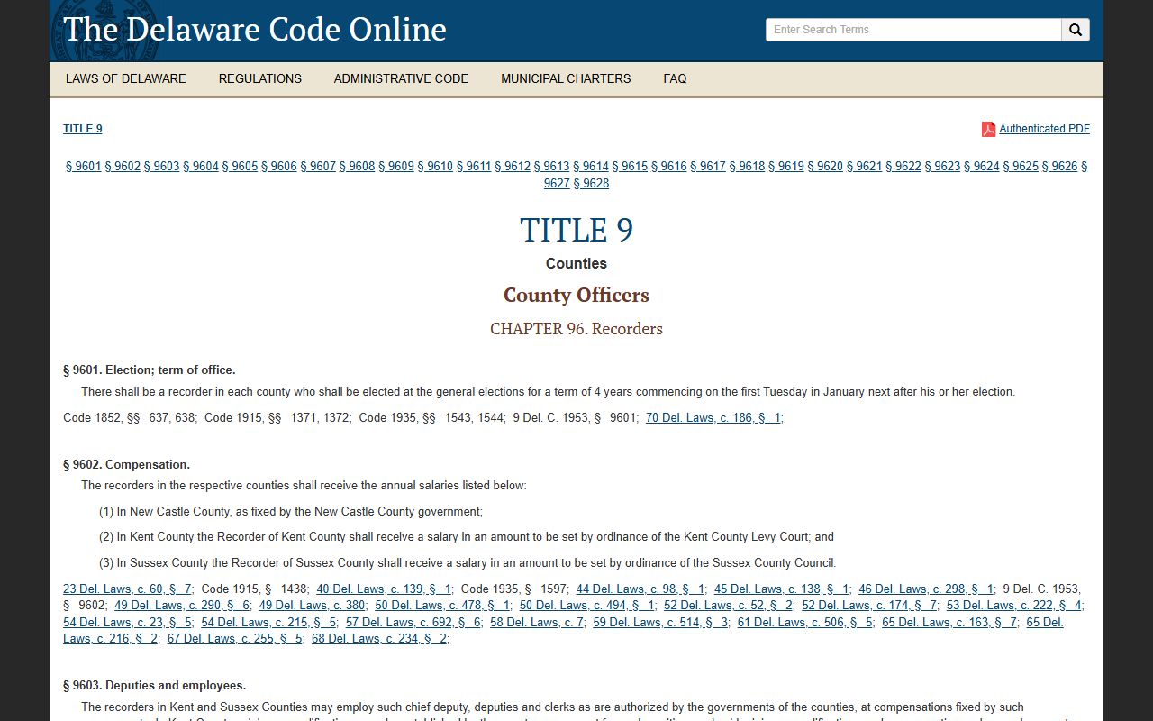 Delaware Code Title 9 Chapter 96 Recorders of Deeds